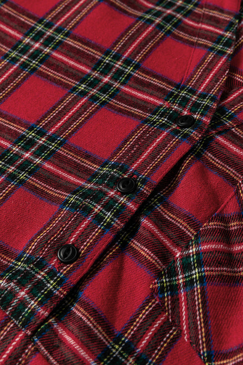 Plaid Shirt Collar Half Button Chest Pocket Ruffle Hem A Line Mini Dress